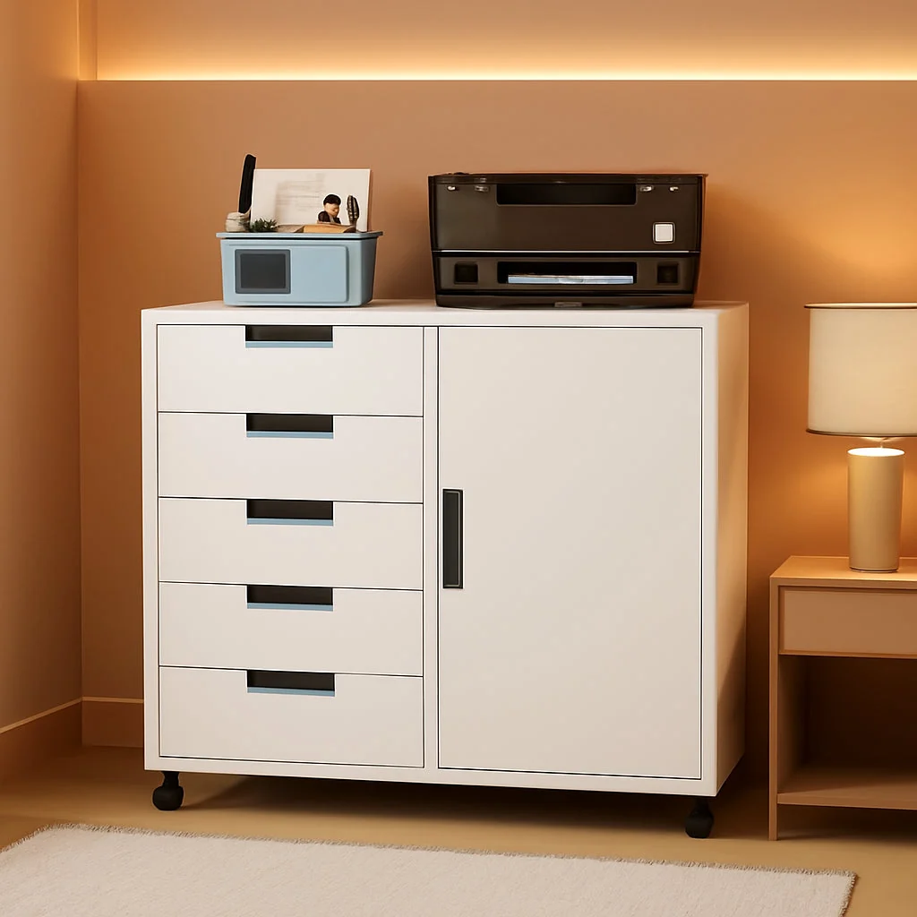 Clean White Five-Drawer Movable Storage Cabinet For Home Minimalist