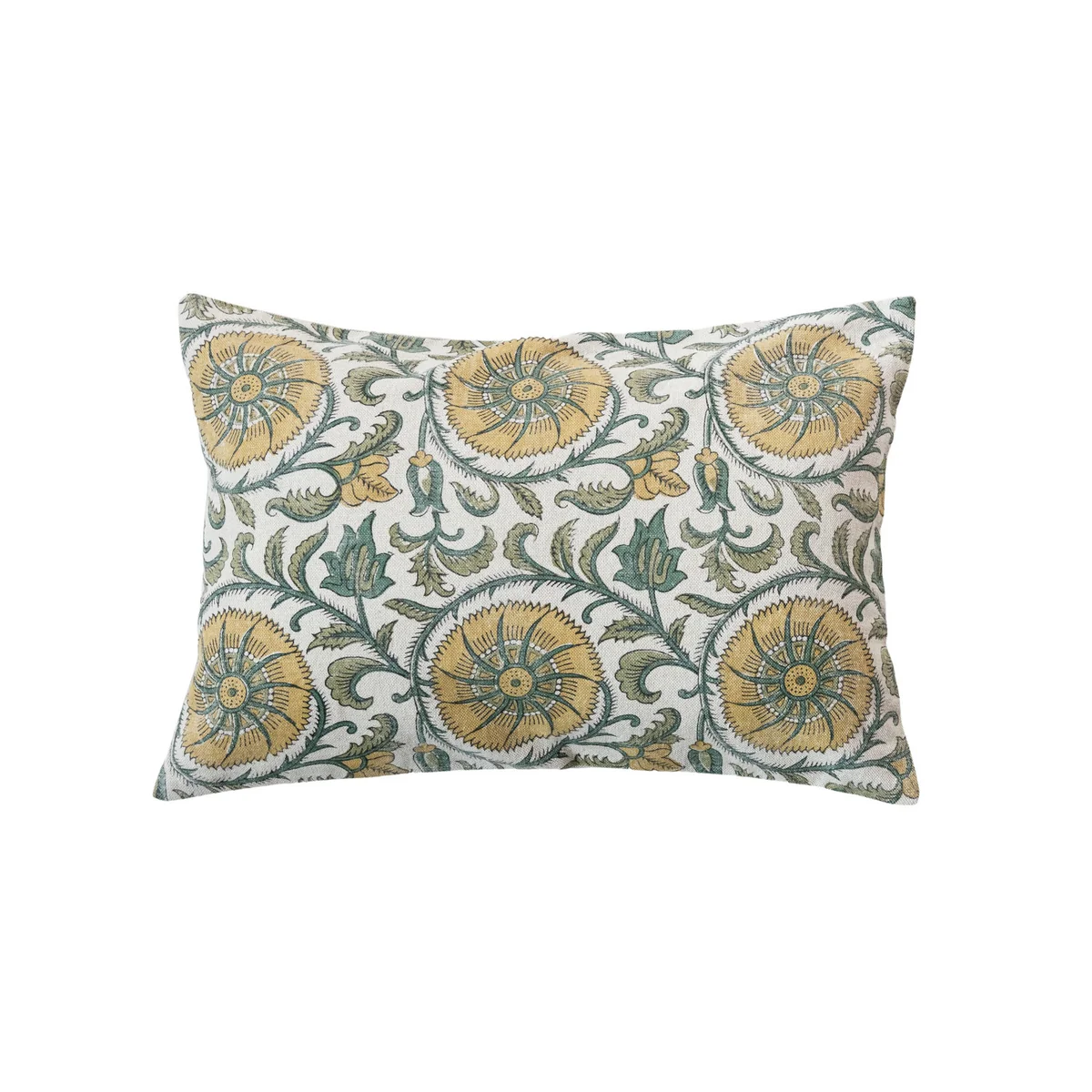 Exclusive Linen Cotton Block Printed Lumbar Pillow w Pattern Chambray Back Organic