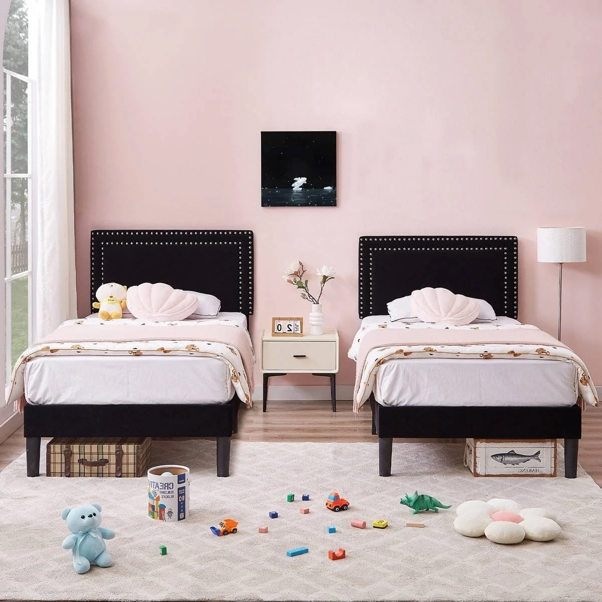 Premium Material Set of 2 – Twin Dorm Style Black Tufted Upholstered Platform Bed with Contemporary