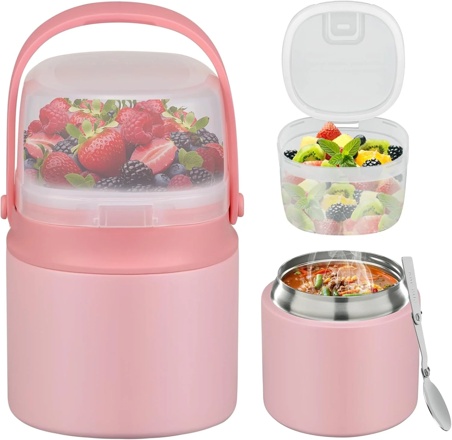 Minimalist 2 – in – 1 Soup Thermo for Hot Food 14oz with Snack Box Container Leak Proof Insulated Lunch Container Kids and Adults Stainless Steel Double Wall Vacuum Wide-mouth Thermal with Spoon and Handle Environmentally Friendly