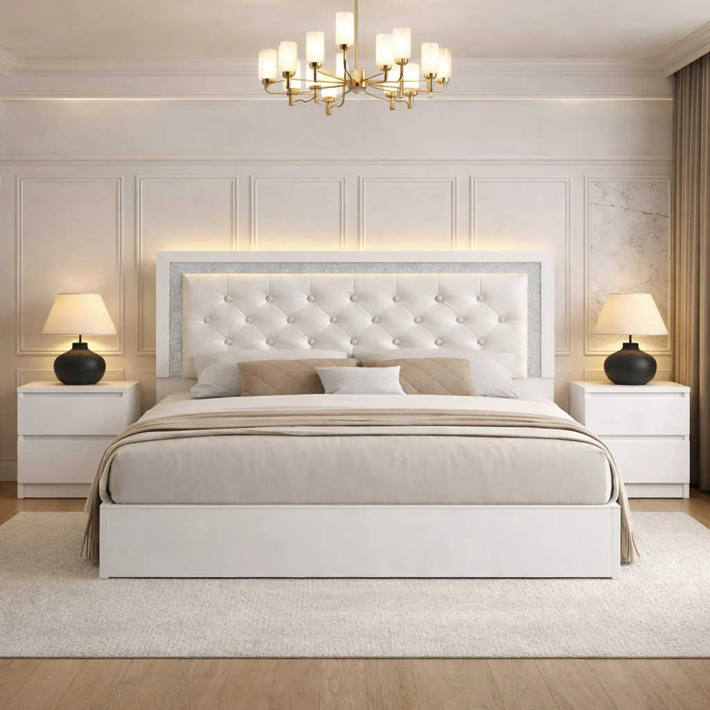 Eco-Friendly Queen Upholstered LED Platform Bed with 2 Drawer Nightstands White Hi Reliable