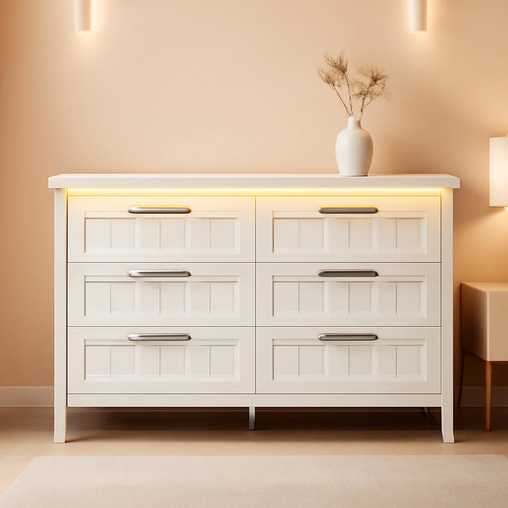 Healthy White Slim Modern Six Drawer Dresser With USB Charging Effective