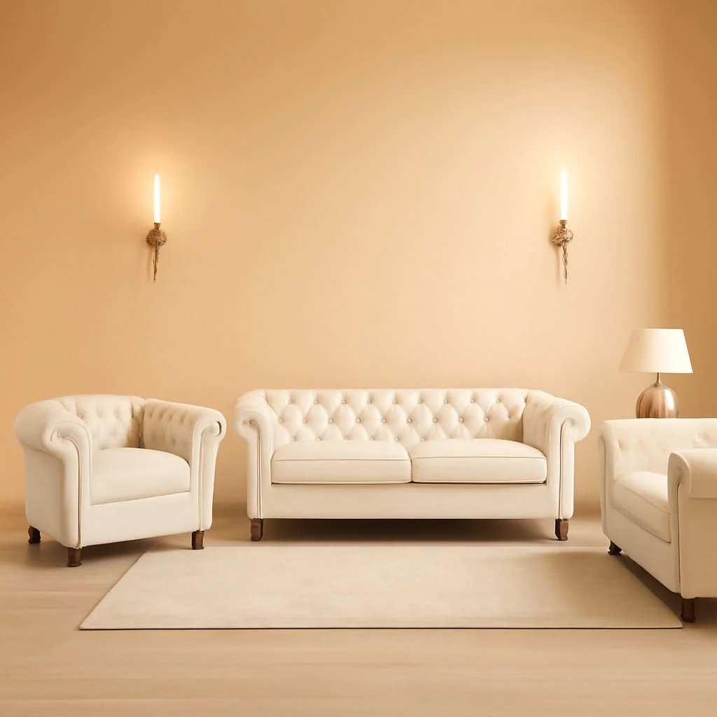 Organic Three Piece Velvet Chesterfield Living Room Sofa Set Beige With Club C Smooth