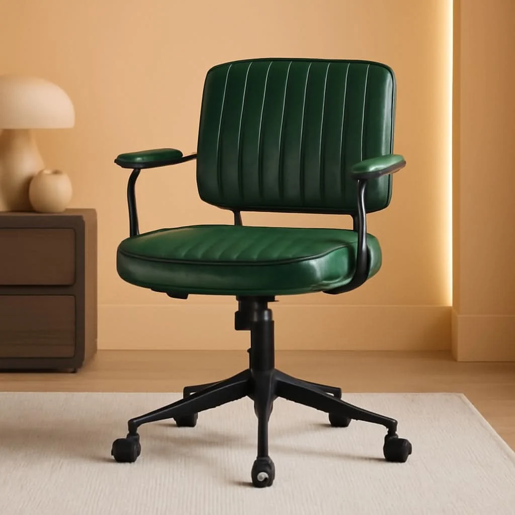 Authentic Green Leather Mid Century Office Chair With Wheels And Arms Reliable