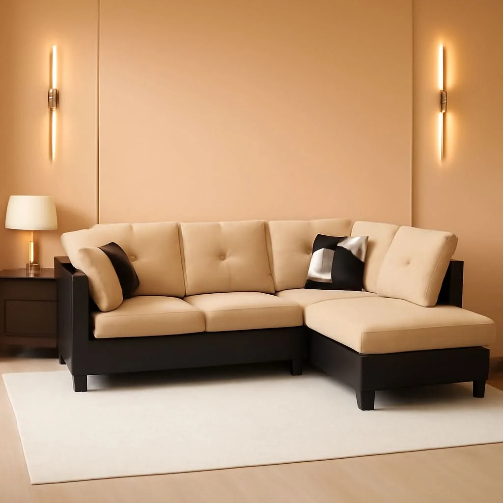 Functional 2 Piece L Shaped Sectional Sofa Set Beige Microfiber Right Hand Facing Solid