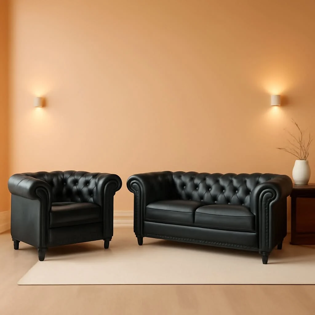 Responsible Two Piece Chesterfield Leather Living Room Set With Black Leather Love Relaxed