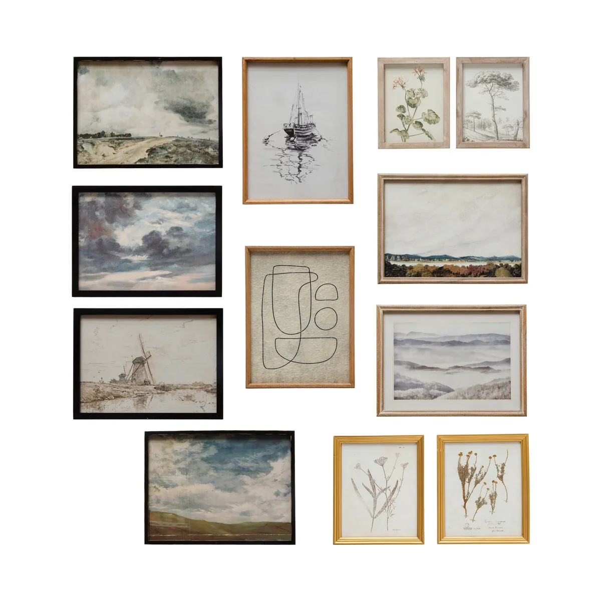 Comfortable Wood Framed Glass Wall Decor w Landscapes Botanicals Abstract Image Set of 12 Effective