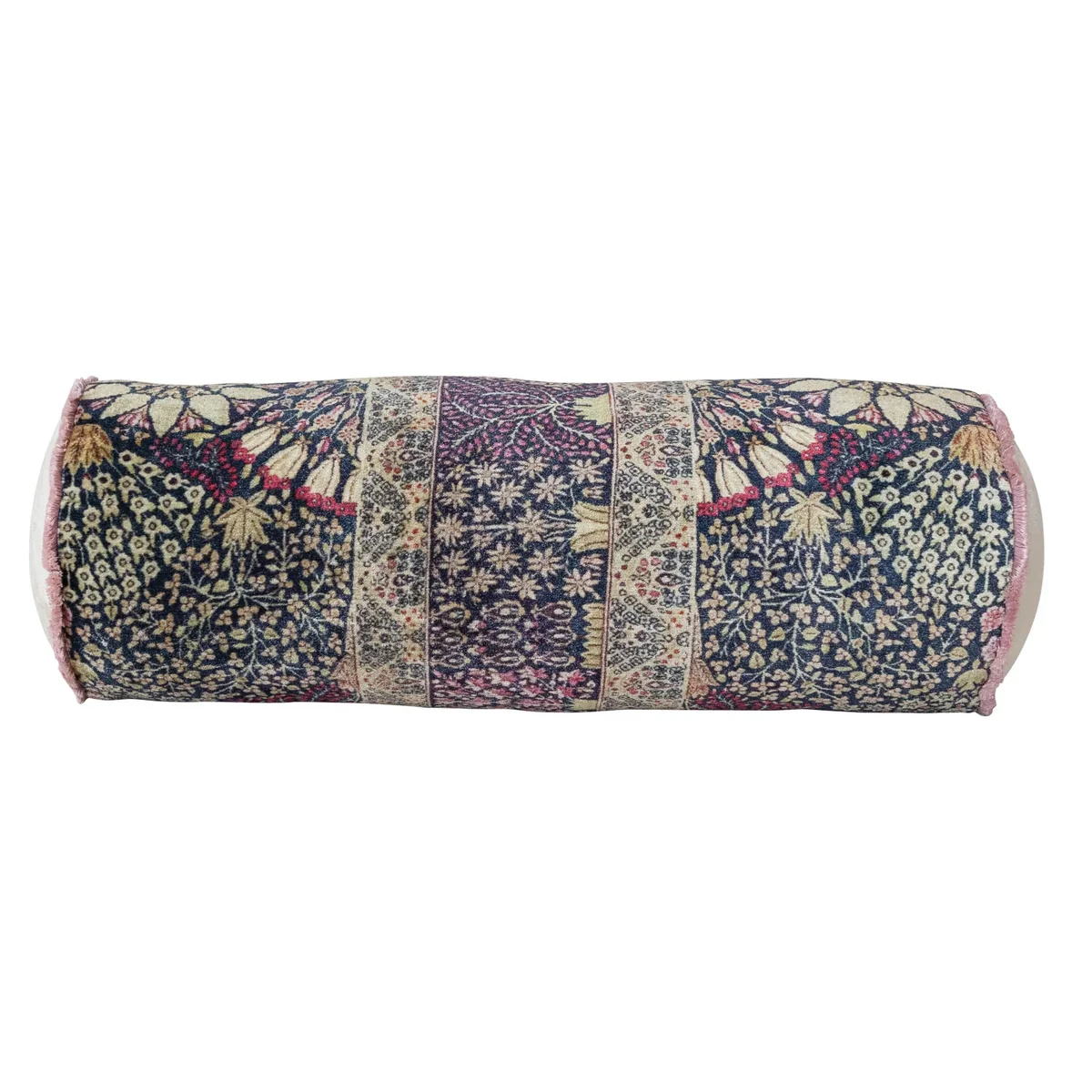 Traditional Cotton Velvet Printed Bolster Pillow w Botanical Pattern Eyelash Fringe Selected