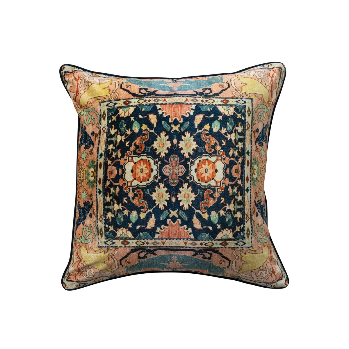 Traditional Square Cotton Velvet 20-inch Pillow with Vintage Carpet Pattern Piping Effective
