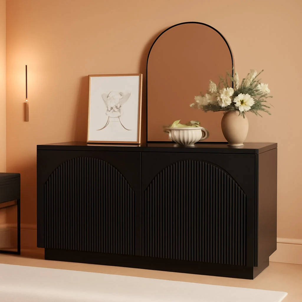 Official 55Inch Black Fluted Mid Century Sideboard Buffet Cabinet Soft