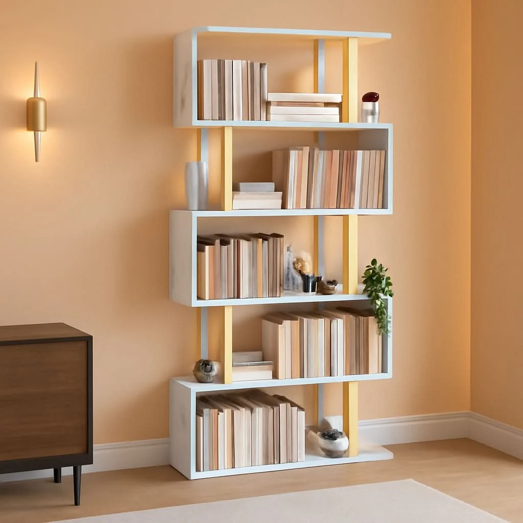 Detailed Gold 5 Tier S Shaped Wooden Bookcase For Living Room World-Class
