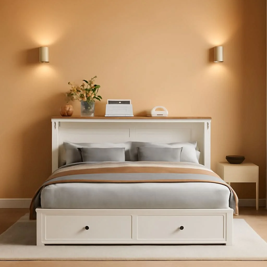 Modern White Contemporary Murphy Bed With USB Double Drawers Refined