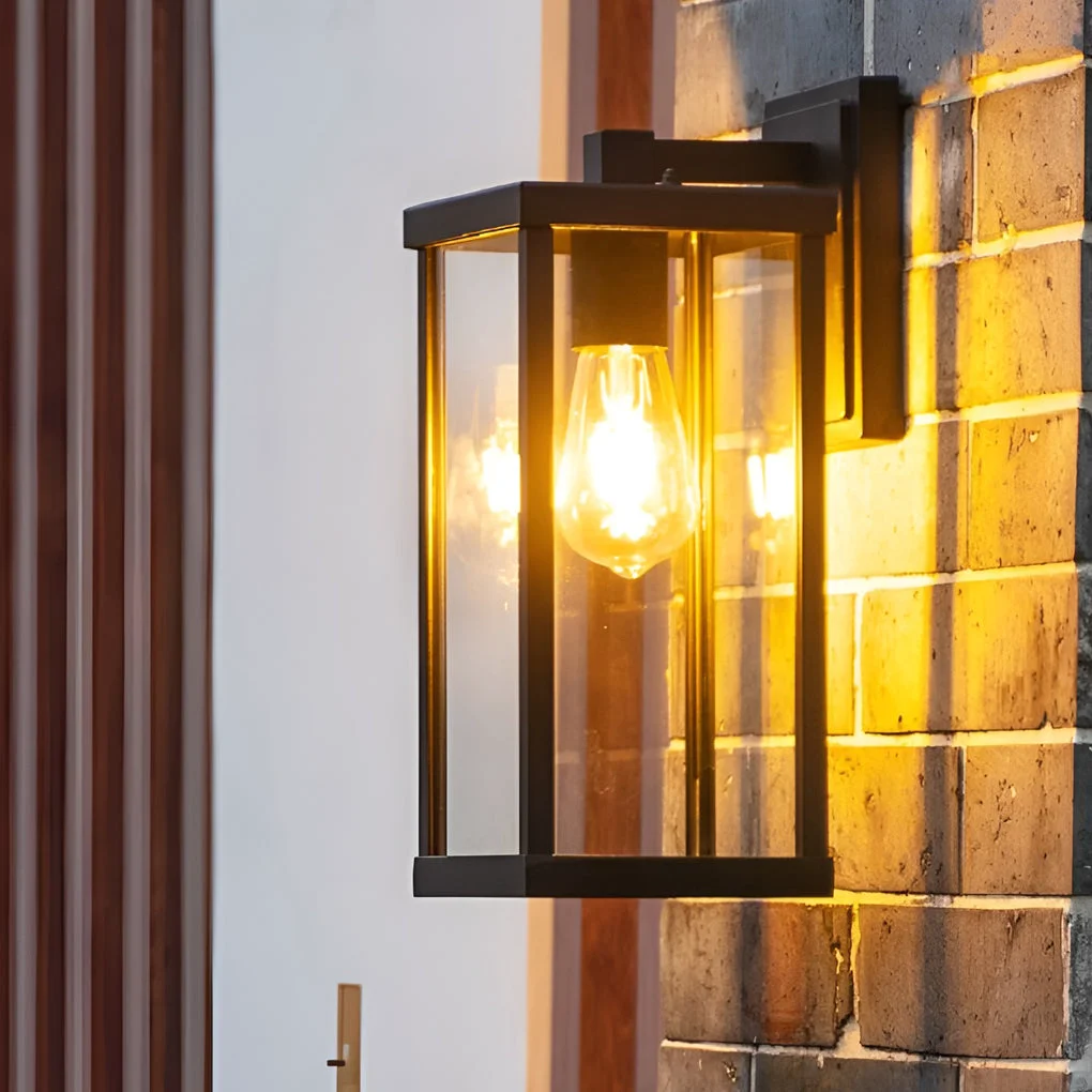 Green Rectangular Glass Waterproof Black Modern Outdoor Wall Lamp Exterior Lights Detailed