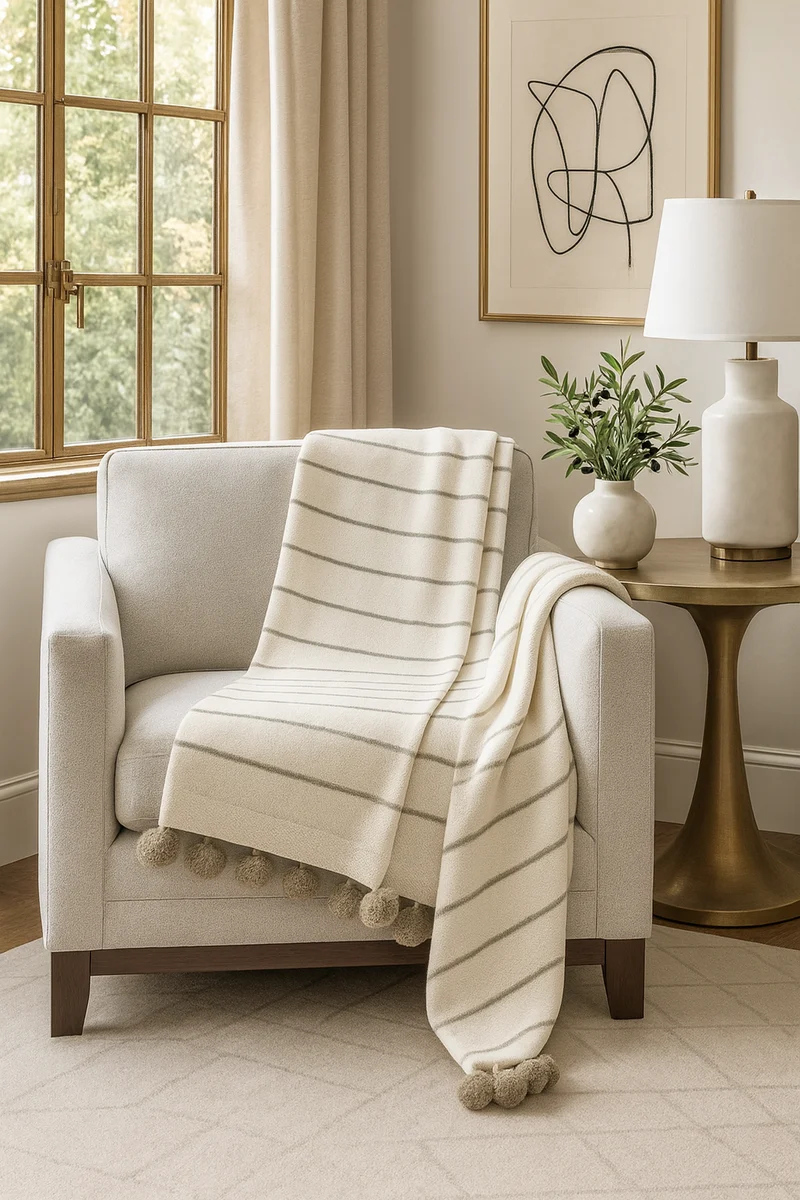 Expertly Made Ivory Pom pom Striped Woven Throw Blanket Pure