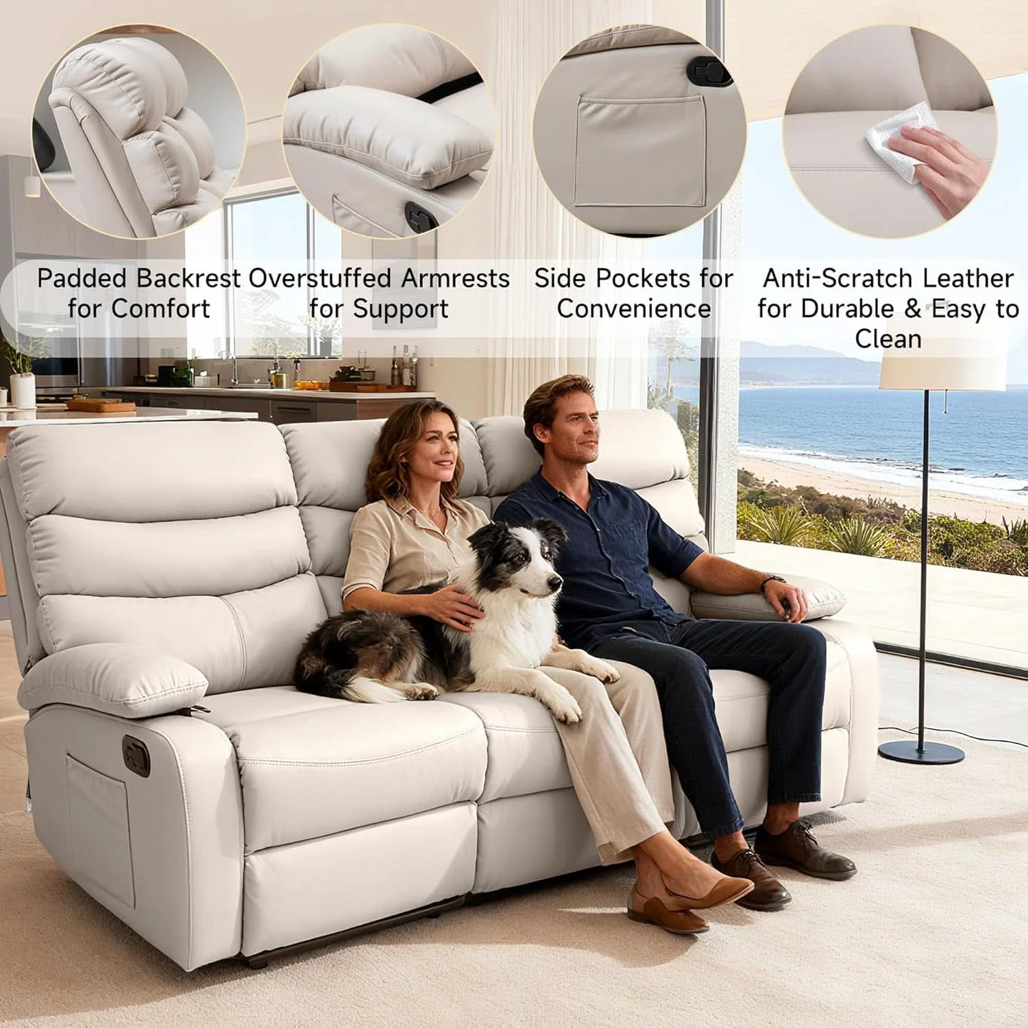 Functional 3 Seater Recliner Sofa Beige Living Room Set Collection Sustainable