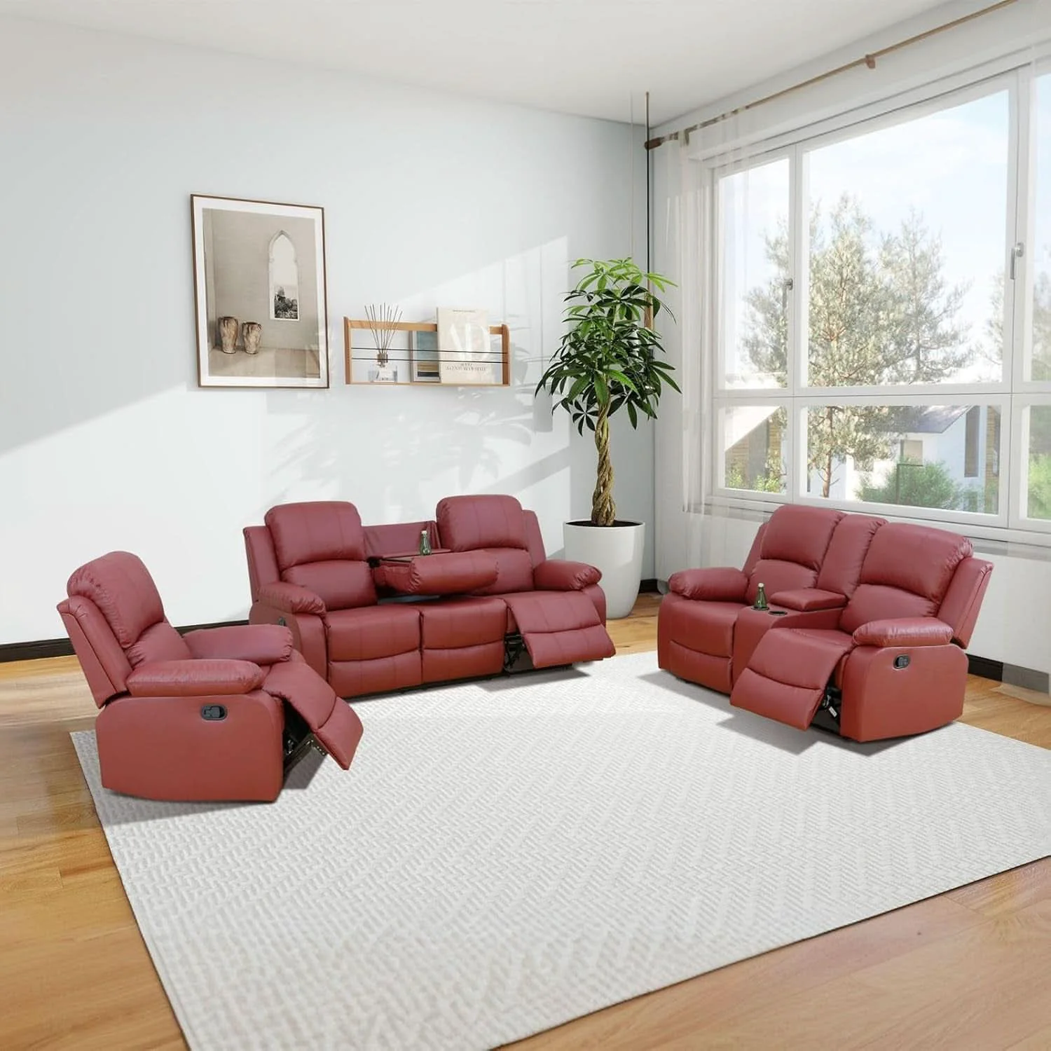 Detailed Leather Recliner Sofa Set 3 Piece For Living Room Red Proven