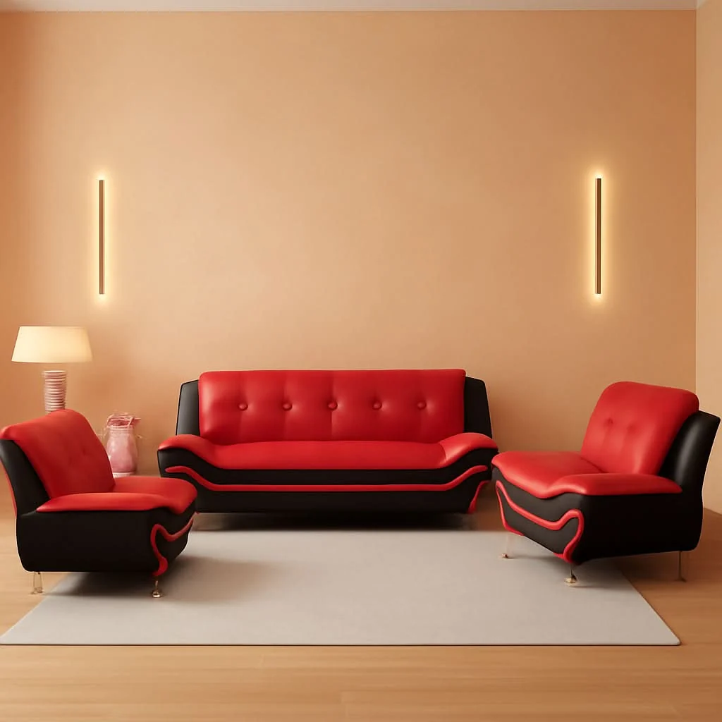 Genuine Leather Three Piece Living Room Sofa Set Black And Red Classic