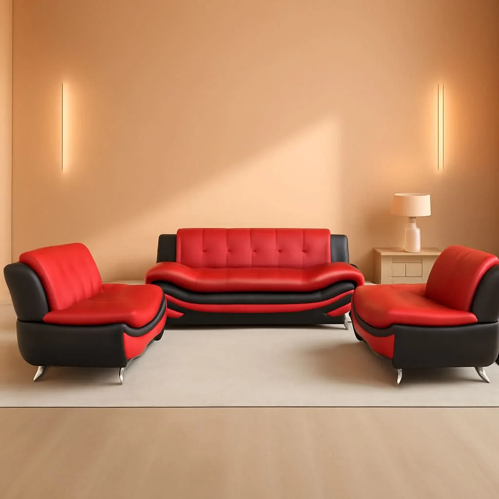 Advanced Living Room Sofa Set 3-Piece Faux Leather Black Red Powerful