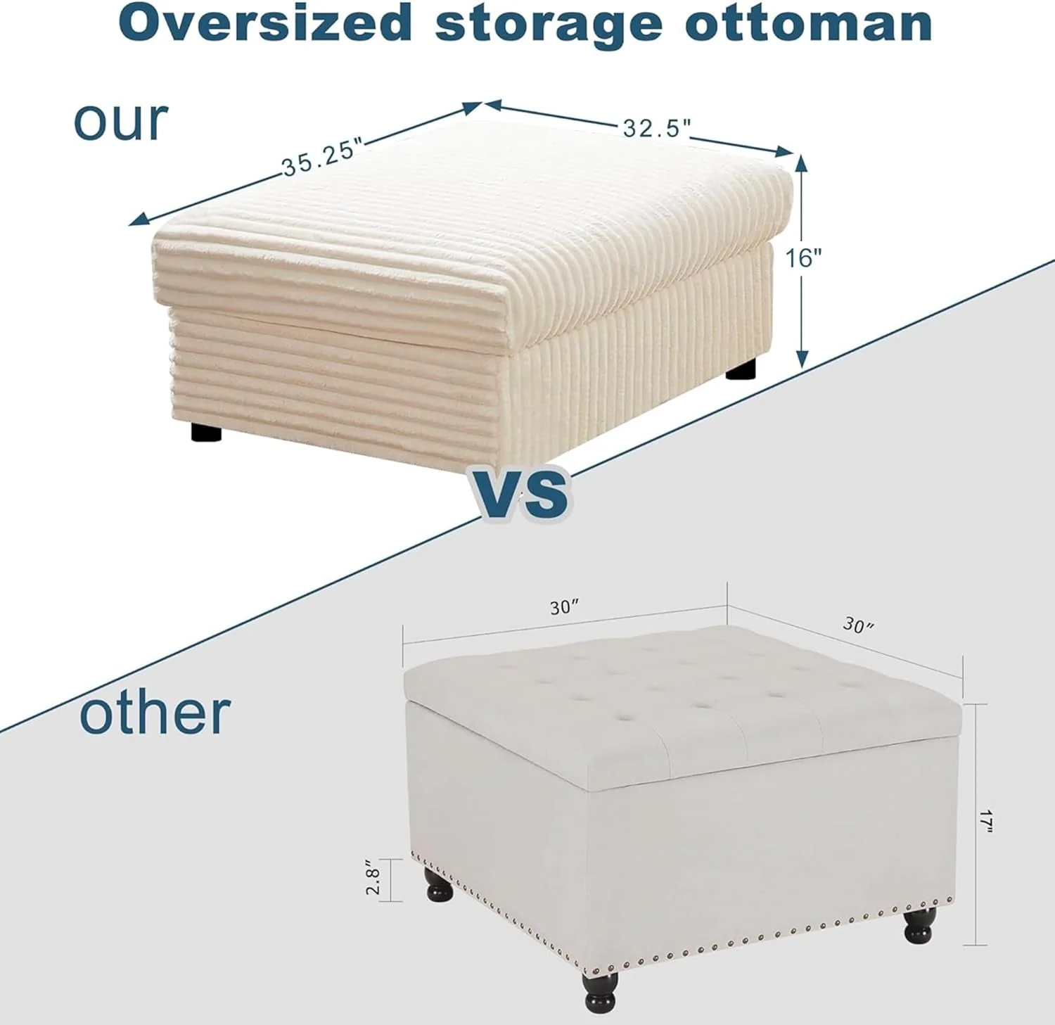 Flexible Corduroy Storage Ottoman Beige Cushioned Living Room Expertly Made