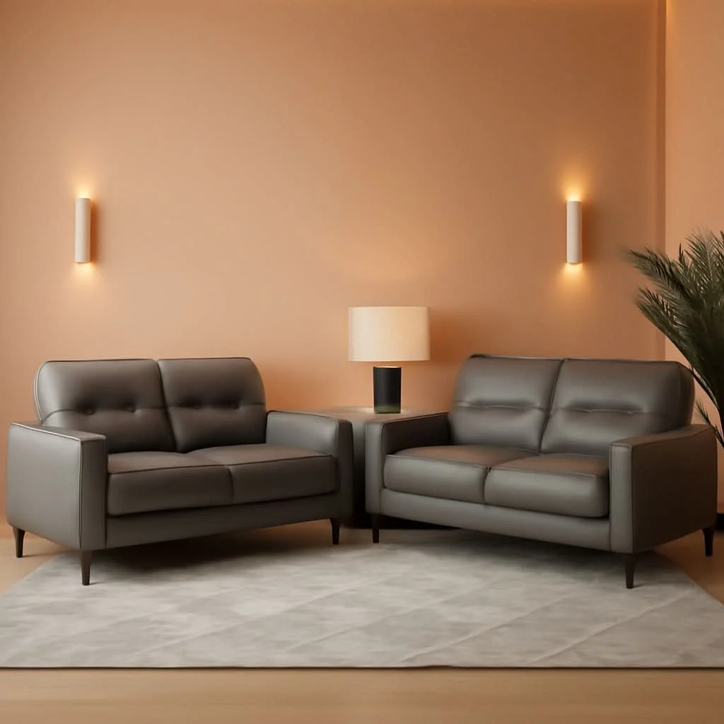 Solid Top Grain Leather Two Piece Living Room Sofa Set Dark Gray Long-Lasting