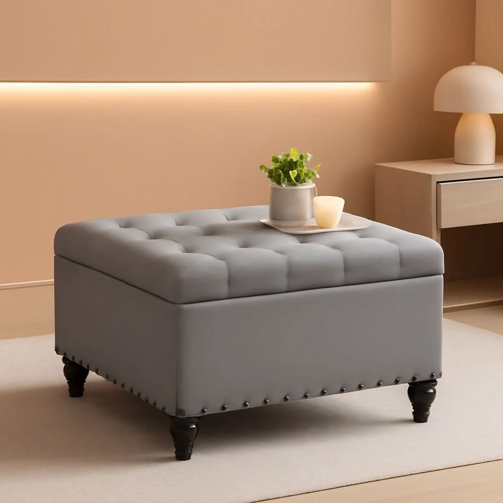 Selected Grey Tufted Storage Ottoman Square For Living Room Minimalist