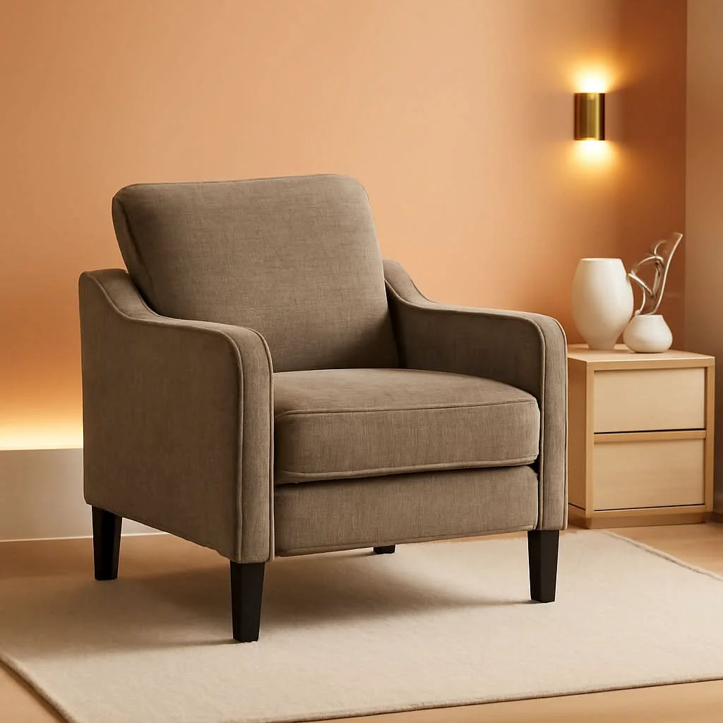 Solid Light Brown Upholstered Midcentury Living Room Armchair Crafted
