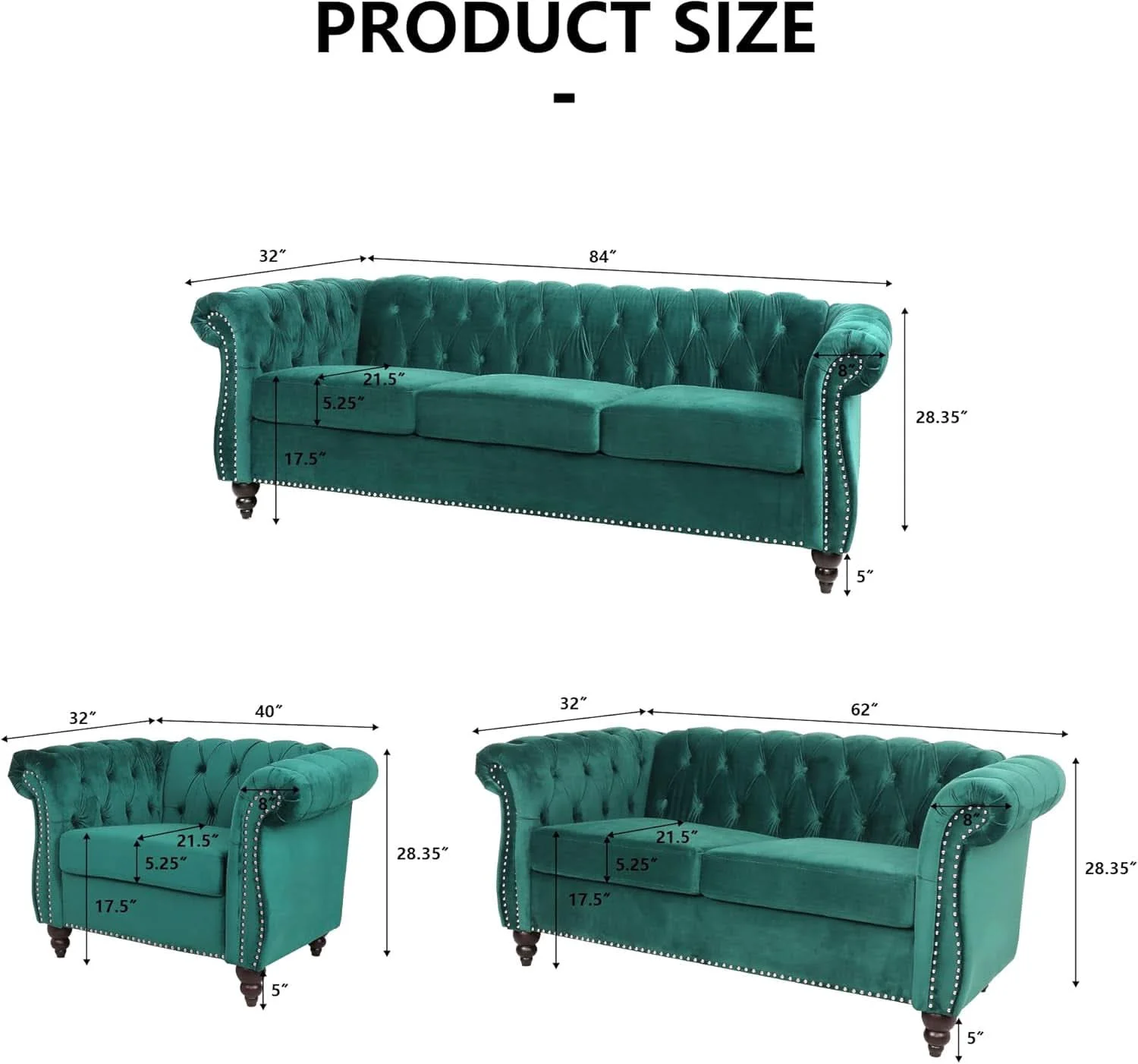 Relaxed Green Velvet Chesterfield Living Room Set Including Sofa Loveseat and Authentic