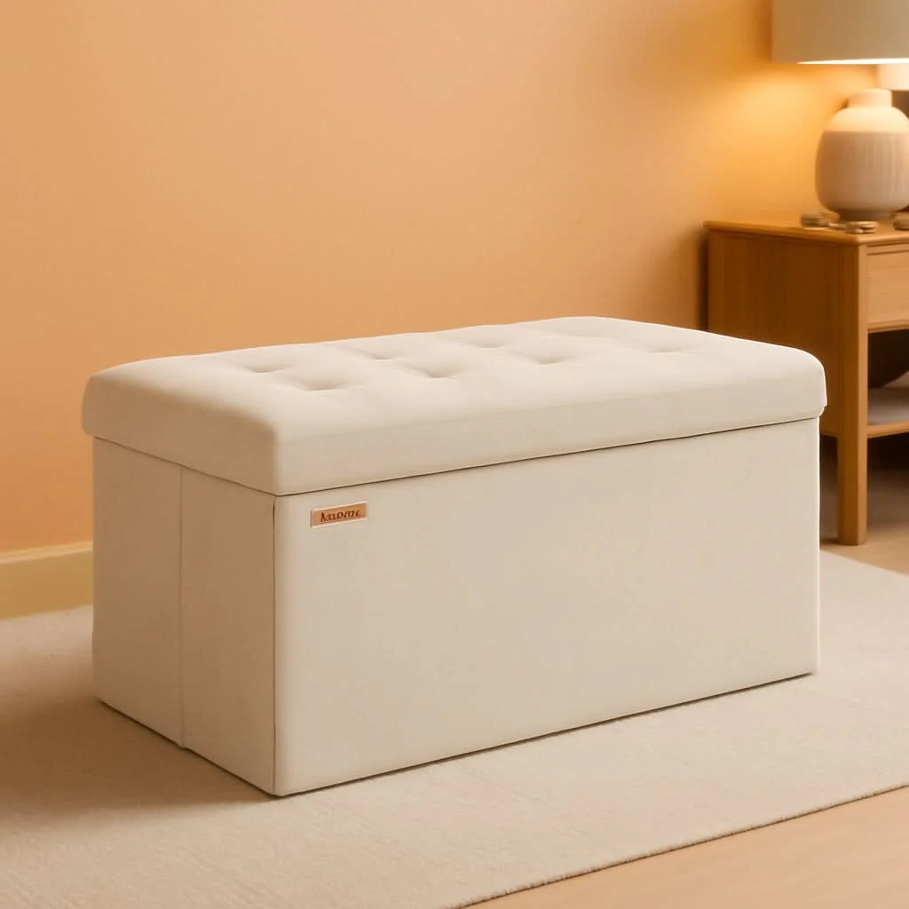 Verified Cream White Foldable Storage Ottoman Bench 15x30x15 Soft