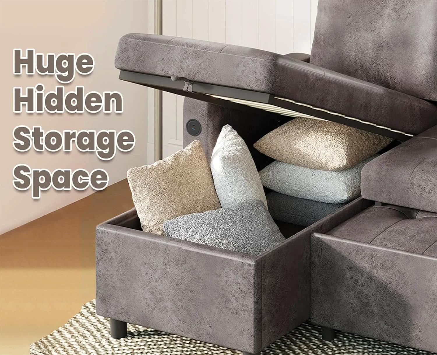 Carefully Designed Charcoal Gray Sleeper Sofa With Reversible Storage Chaise Enhanced