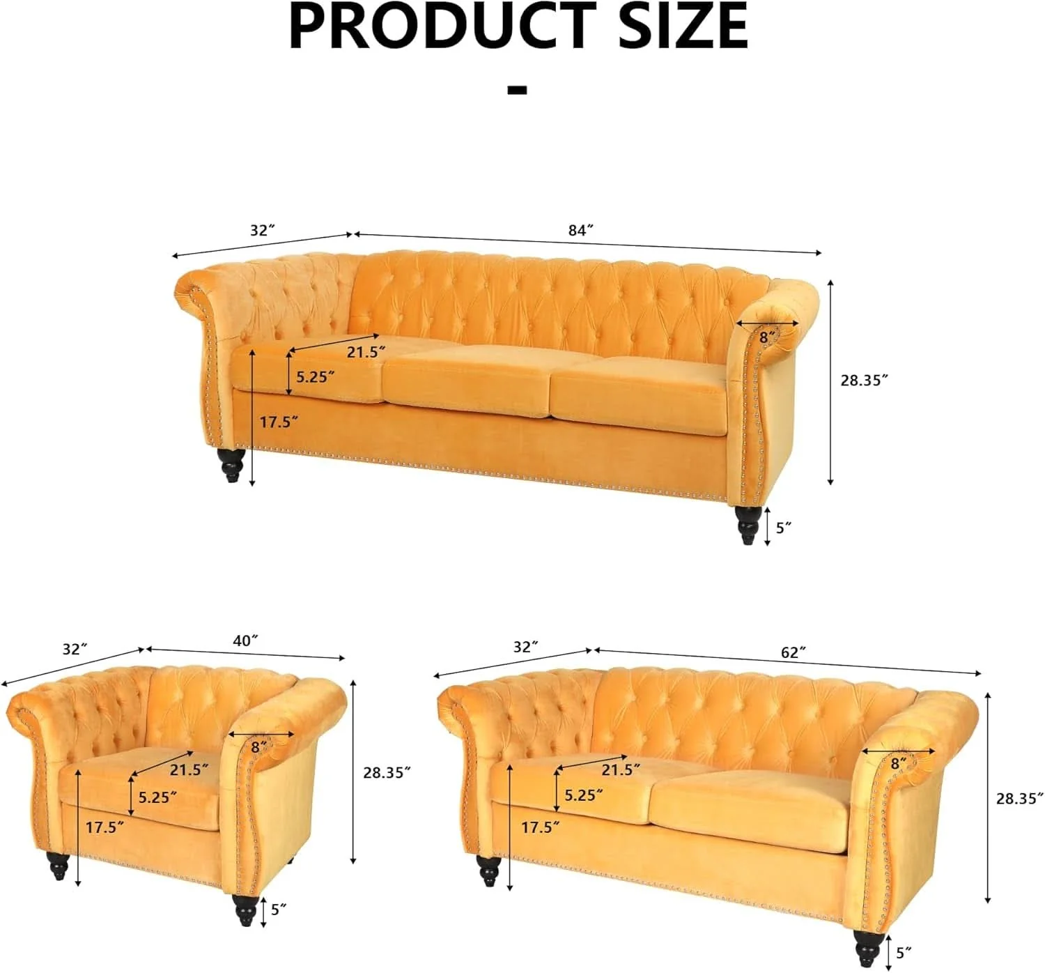 Eco-Friendly Three Piece Mango Velvet Chesterfield Sofa Set With Club Chair And Lov Smooth