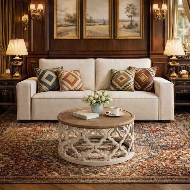 Lightweight Beige Chenille 85 Sofa Round Farmhouse Coffee Table Set 2-Seater L Excellent