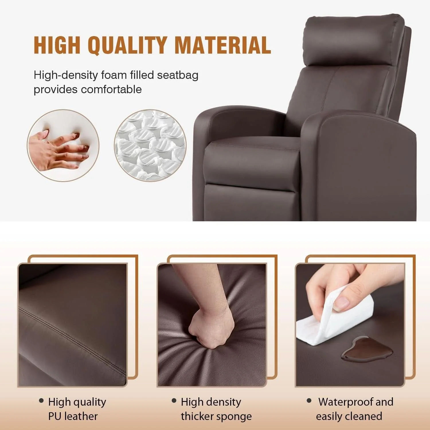 Specialty Brown Leather Recliner Chair For Living Room Home Theater Reusable