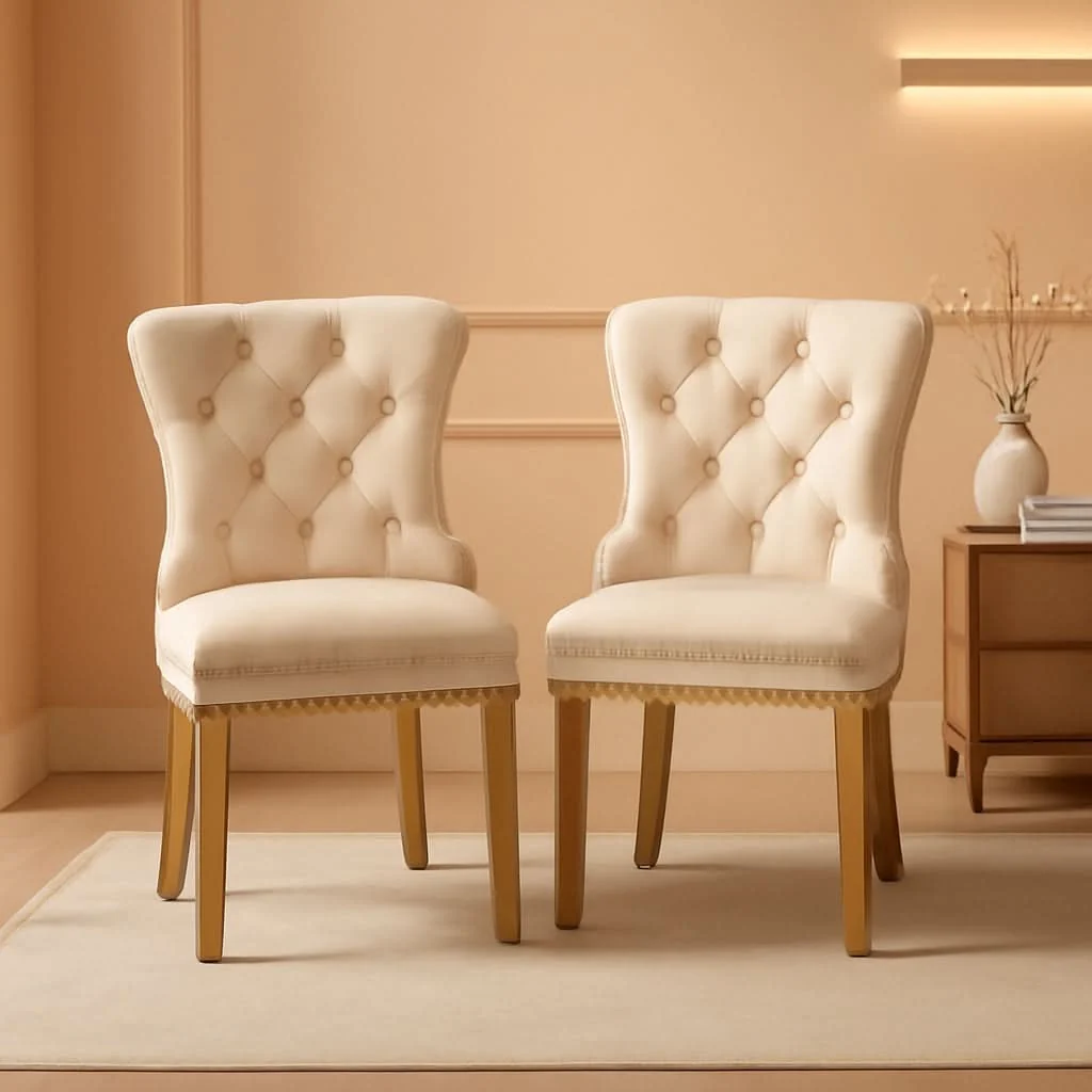 Classic Beige Velvet Dining Chairs Set Of Four Wingback Button Tufted Dining R Reusable