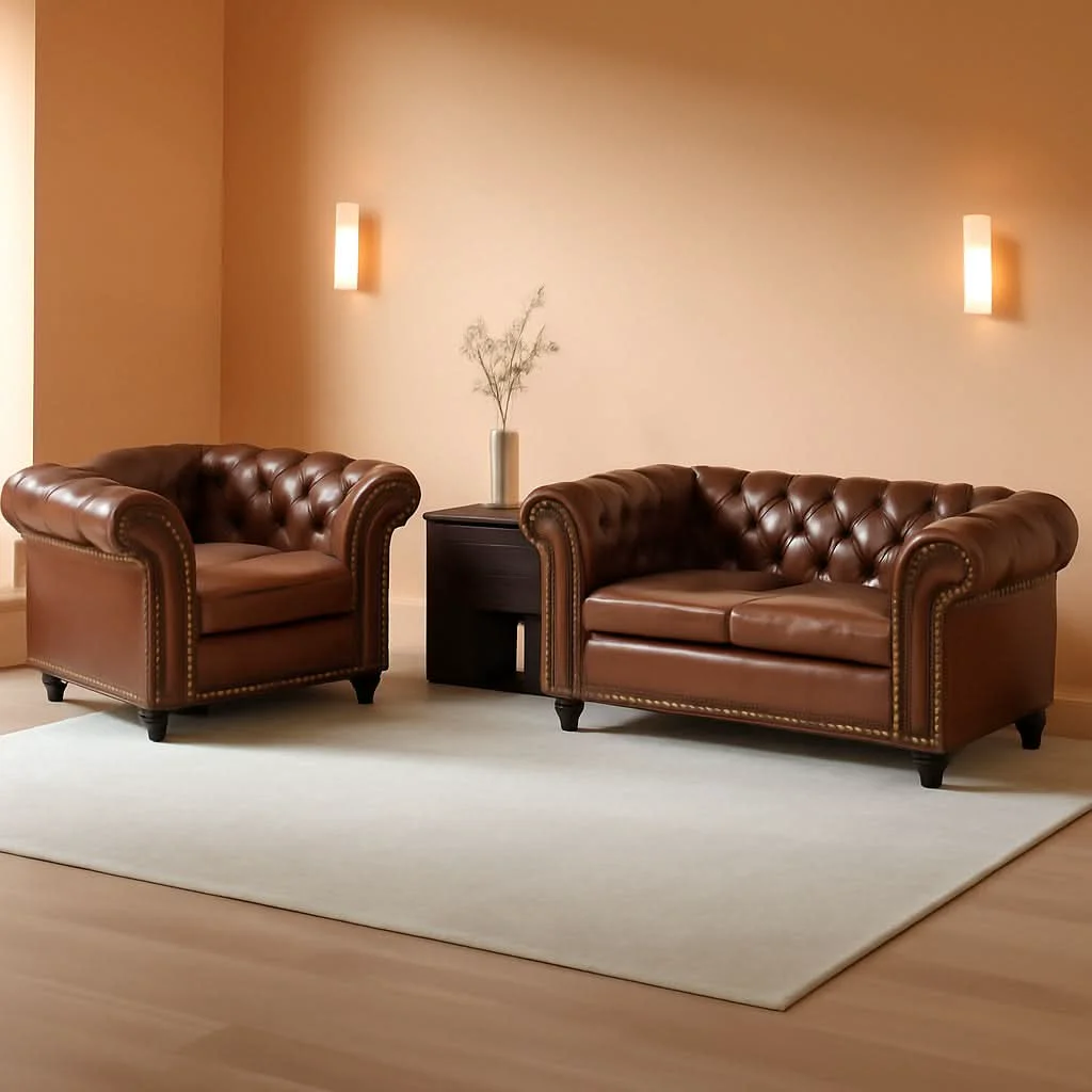 Elegant Two Piece Living Room Set Chesterfield Leather Sofa And Chair With Scr Detailed
