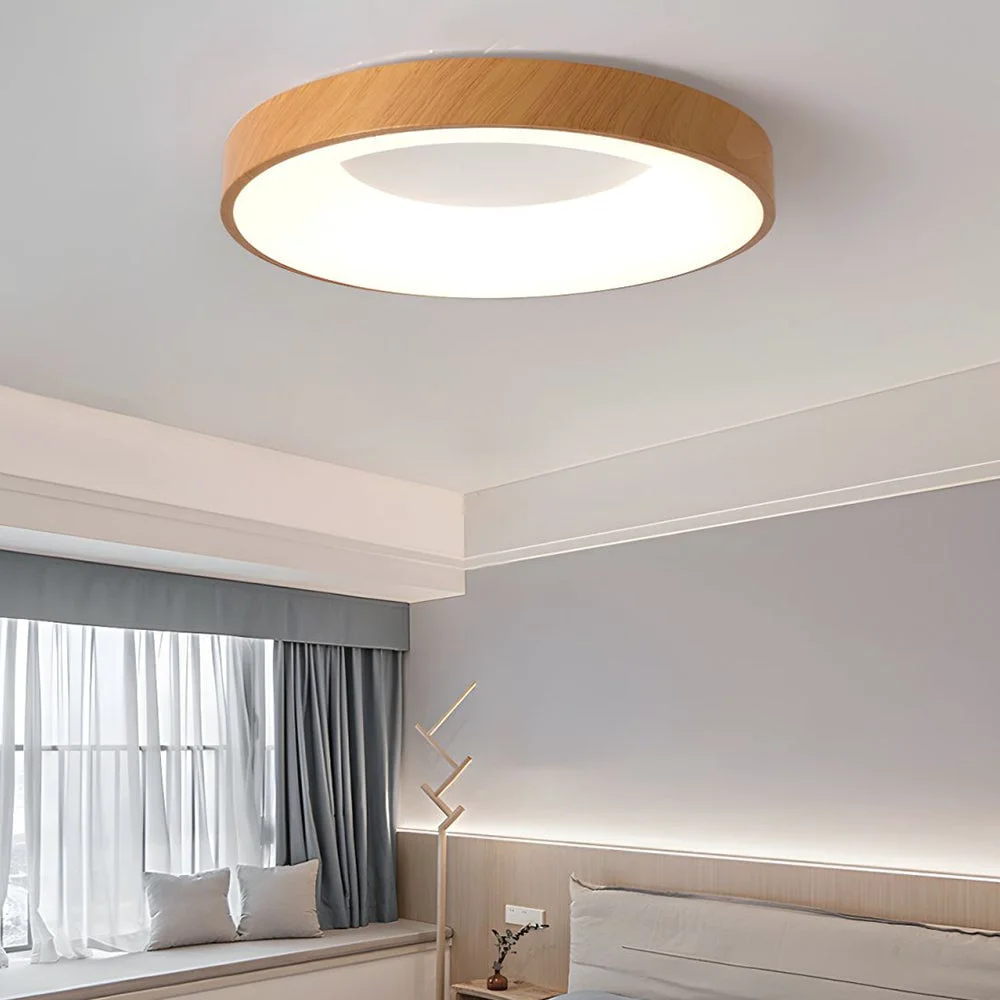 Reusable Natural Wood Round LED Ceiling Light Soft