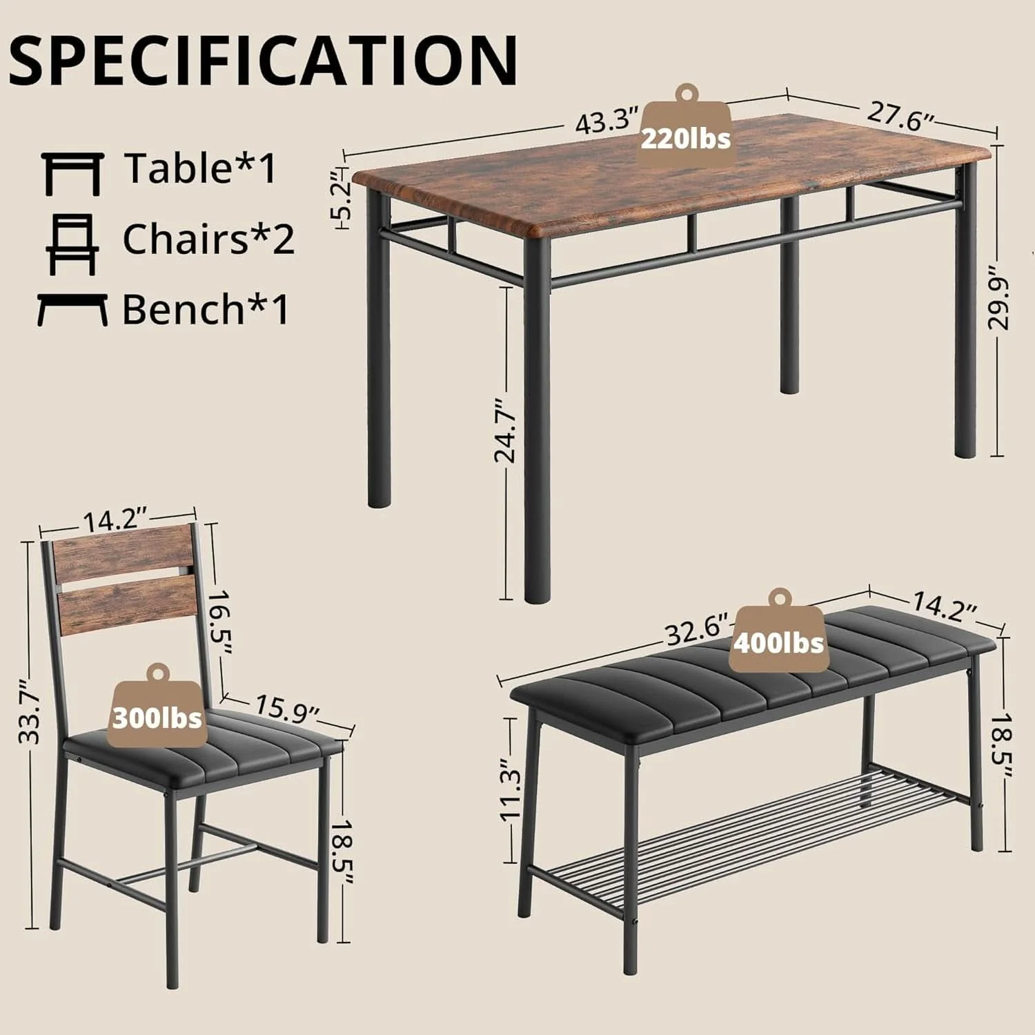Durable Industrial Dining Room Table Set For Four Rustic Brown Luxury