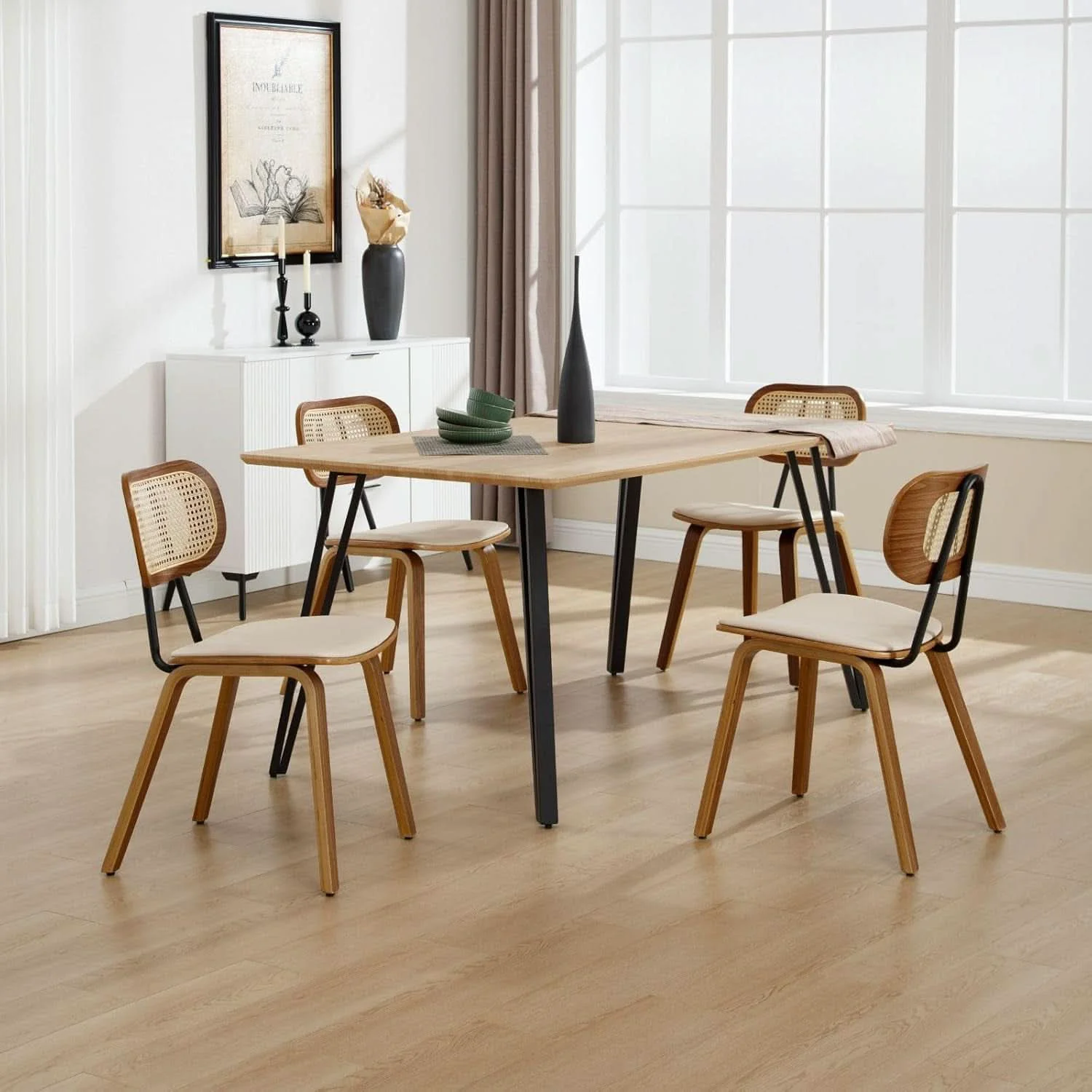 Comfortable Beige Upholstered Dining Chairs With Rattan Backrest Soft