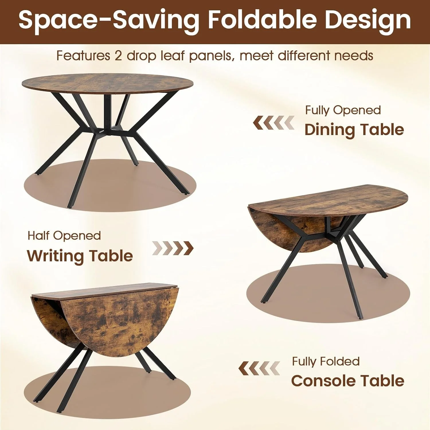Long-Lasting Sturdy Construction Round Brown Folding Dining Table Breathable