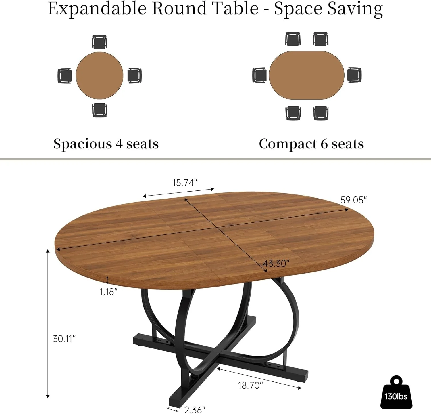 Trusted Extendable Round Dining Table Walnut Finish Modern Top-Quality