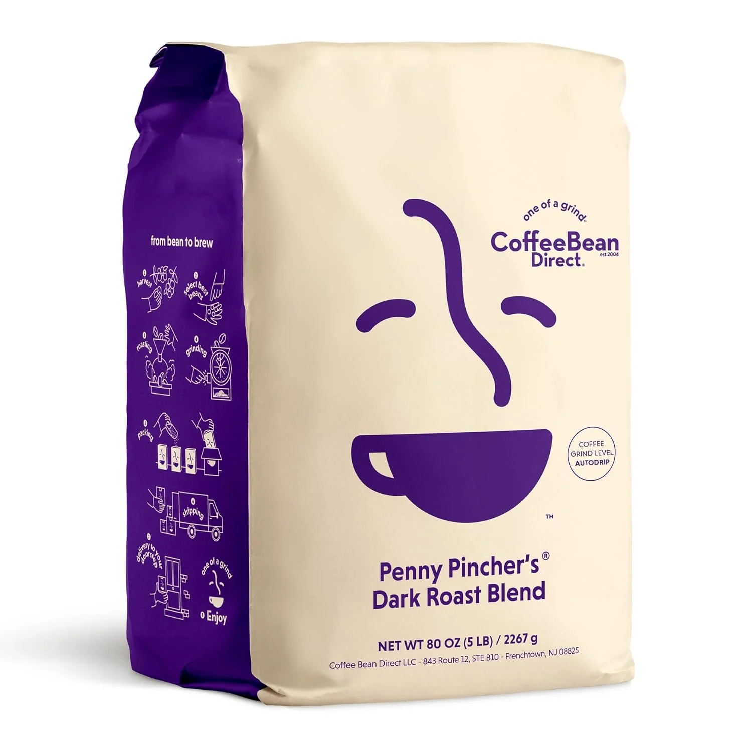 Crafted Coffee Bean Direct Penny Pincher’s® Dark Roast Blend Ground 5lb Bag Dark Roast Ground for Drip or Pour Over Organic