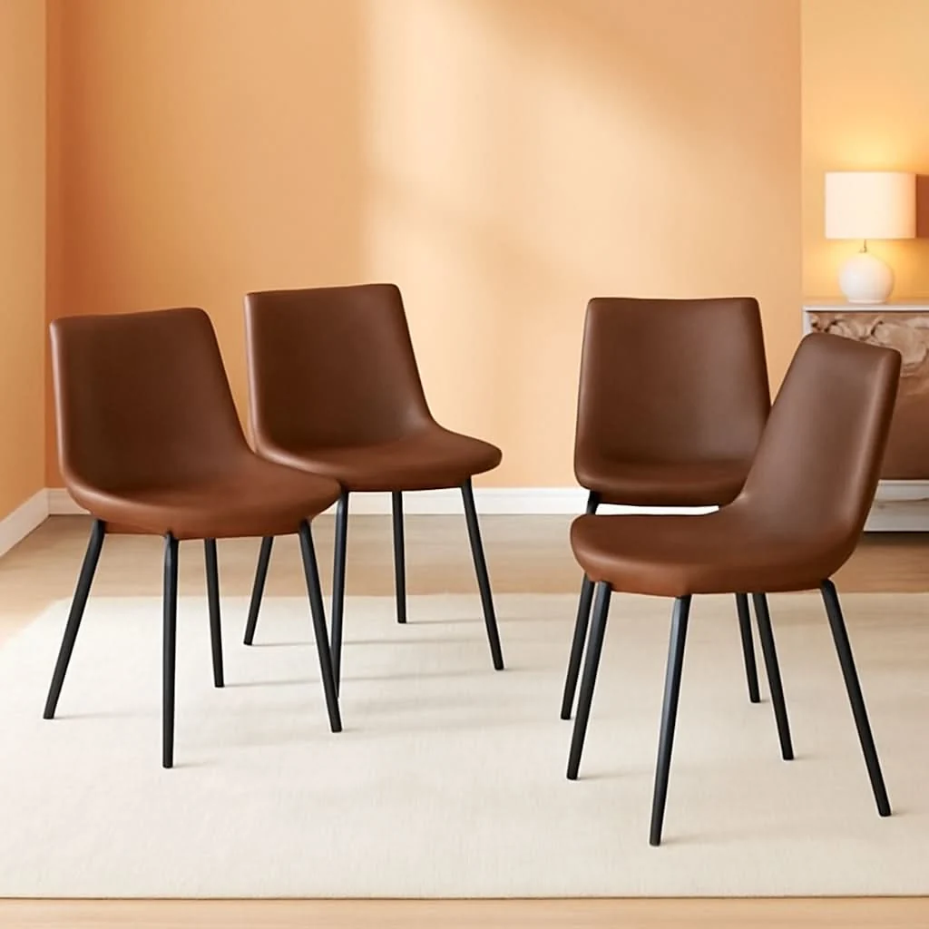 Secure Brown Polyurethane Leather Dining Chairs Quadruple Set Unique