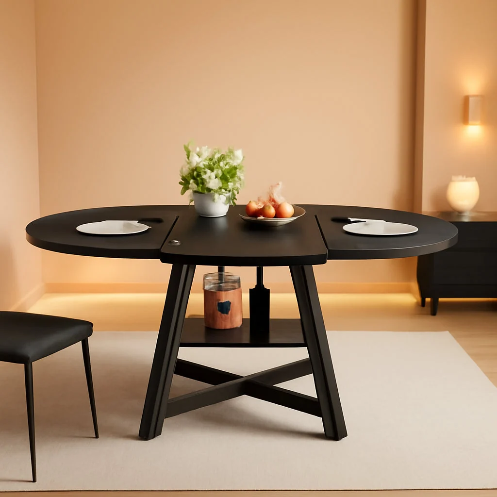 Environmentally Friendly Black Industrial Expandable Oval Dining Table Shelves Pure