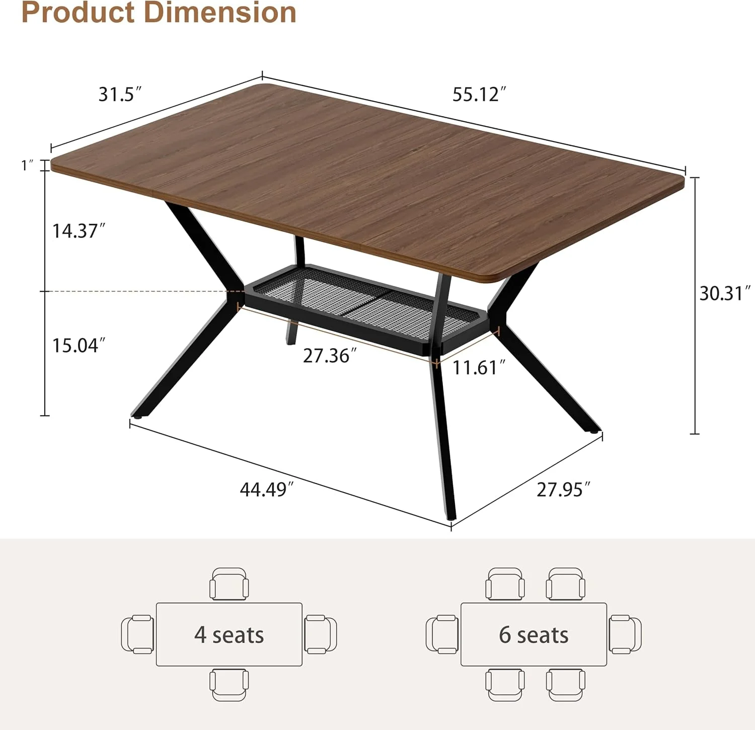Carefully Designed Rectangular 55 Inch Dining Table Storage Underneath Casual