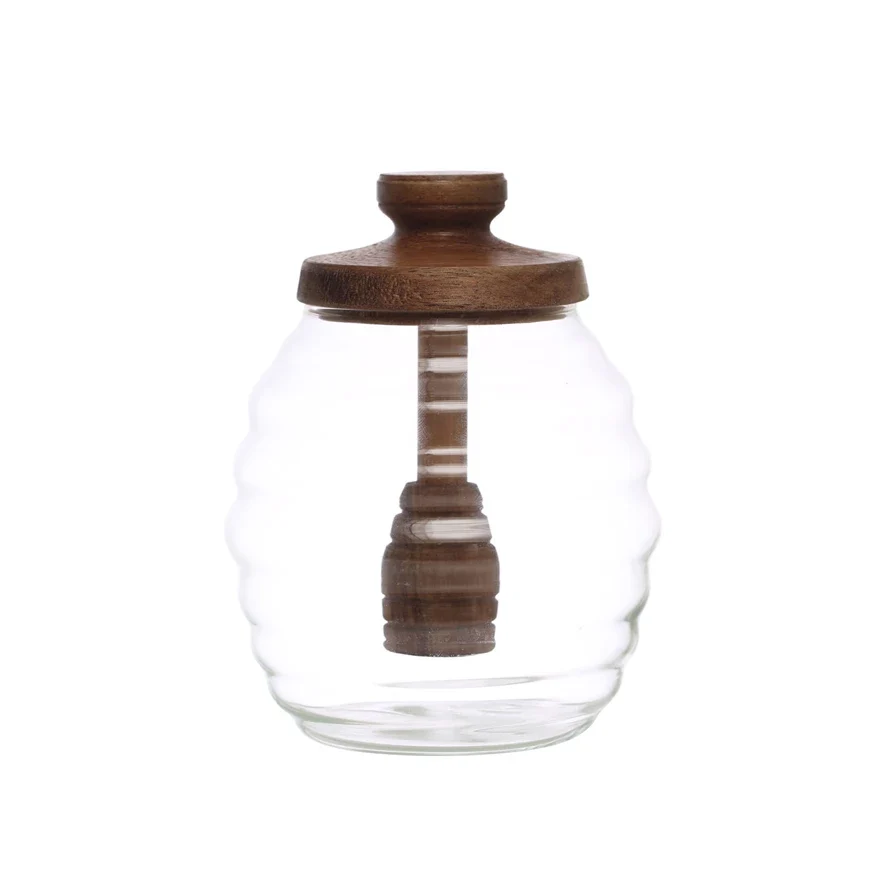 Luxury 14 oz Glass Honey Jar Wood Lid Dipper Excellent