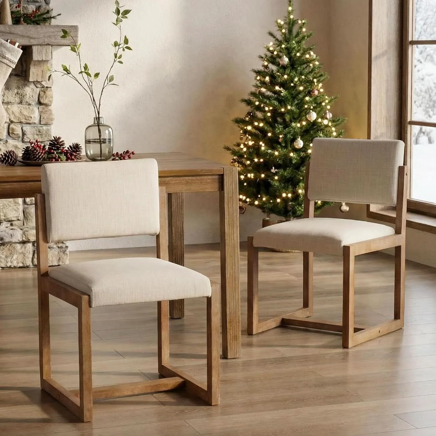Stylish Beige Linen Upholstered Dining Chairs Midcentury Pair Powerful