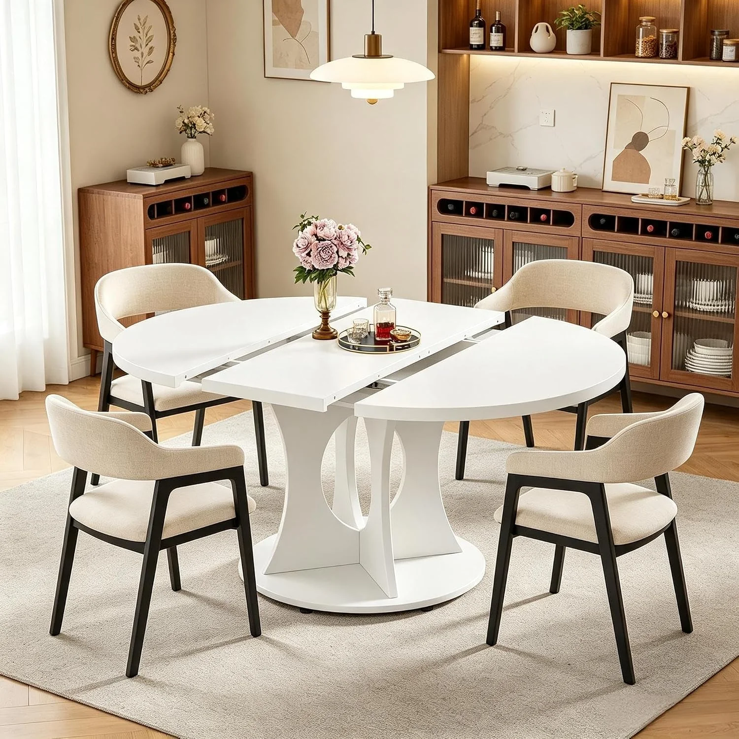 Comfortable White Round Extendable Dining Table Pedestal Storage Organic