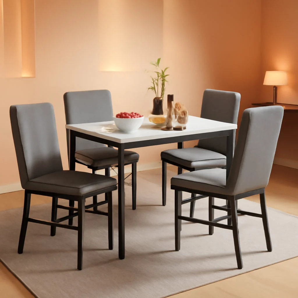 Practical Five Piece Dining Set Marble Tops White Upholstered Reliable