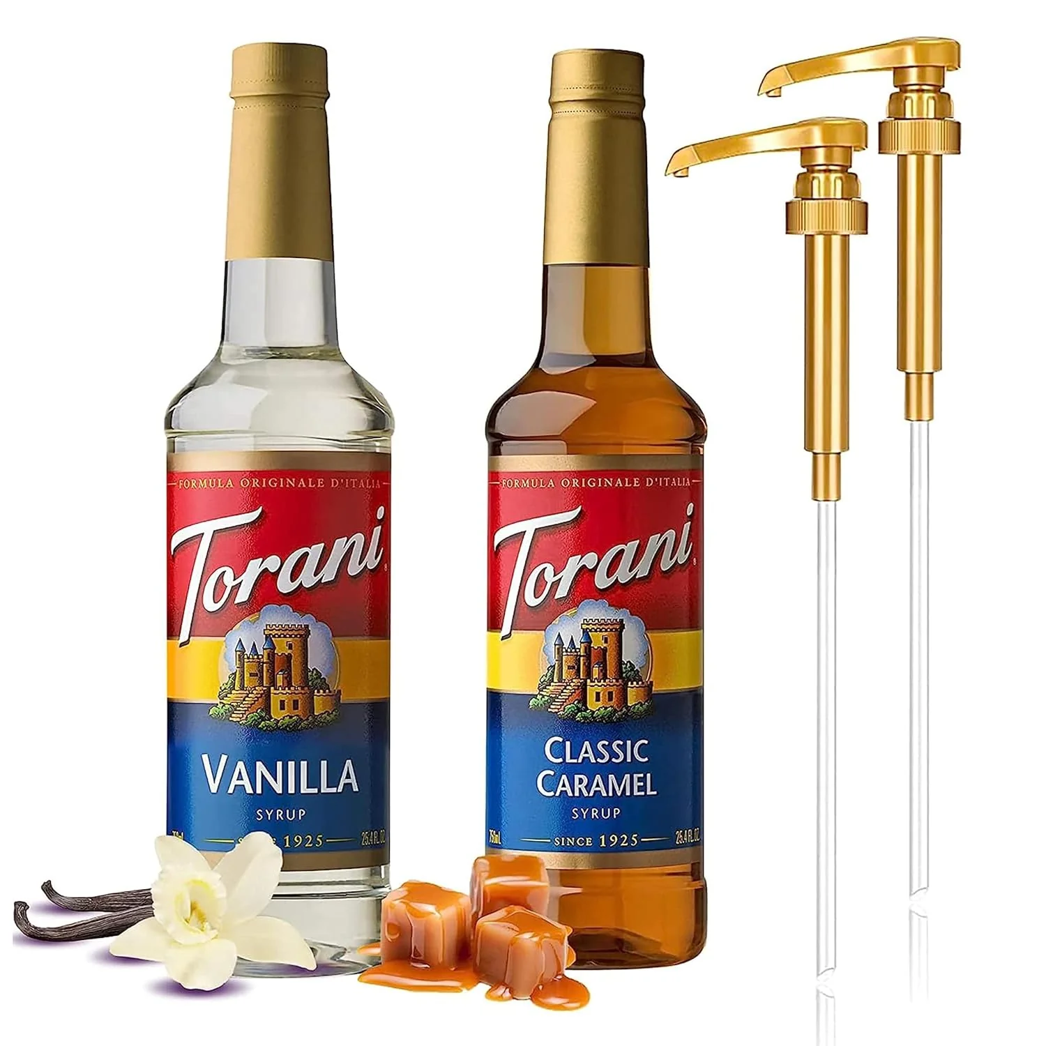 Optimized 2 Syrup Pump Dispenser Bundle with Torani Coffee Syrup Vanilla Caramel Flavors 25.4 oz Bottles Green