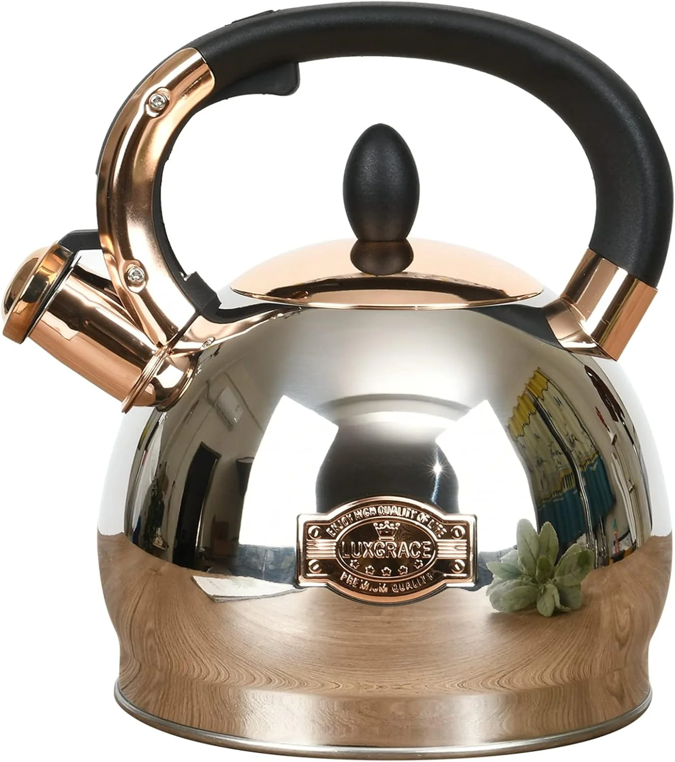 Stylish Stainless Steel Whistling Tea Kettle with Metal Capsulated Bottom for Quick Heat Distribution 2.8 Quart Genuine