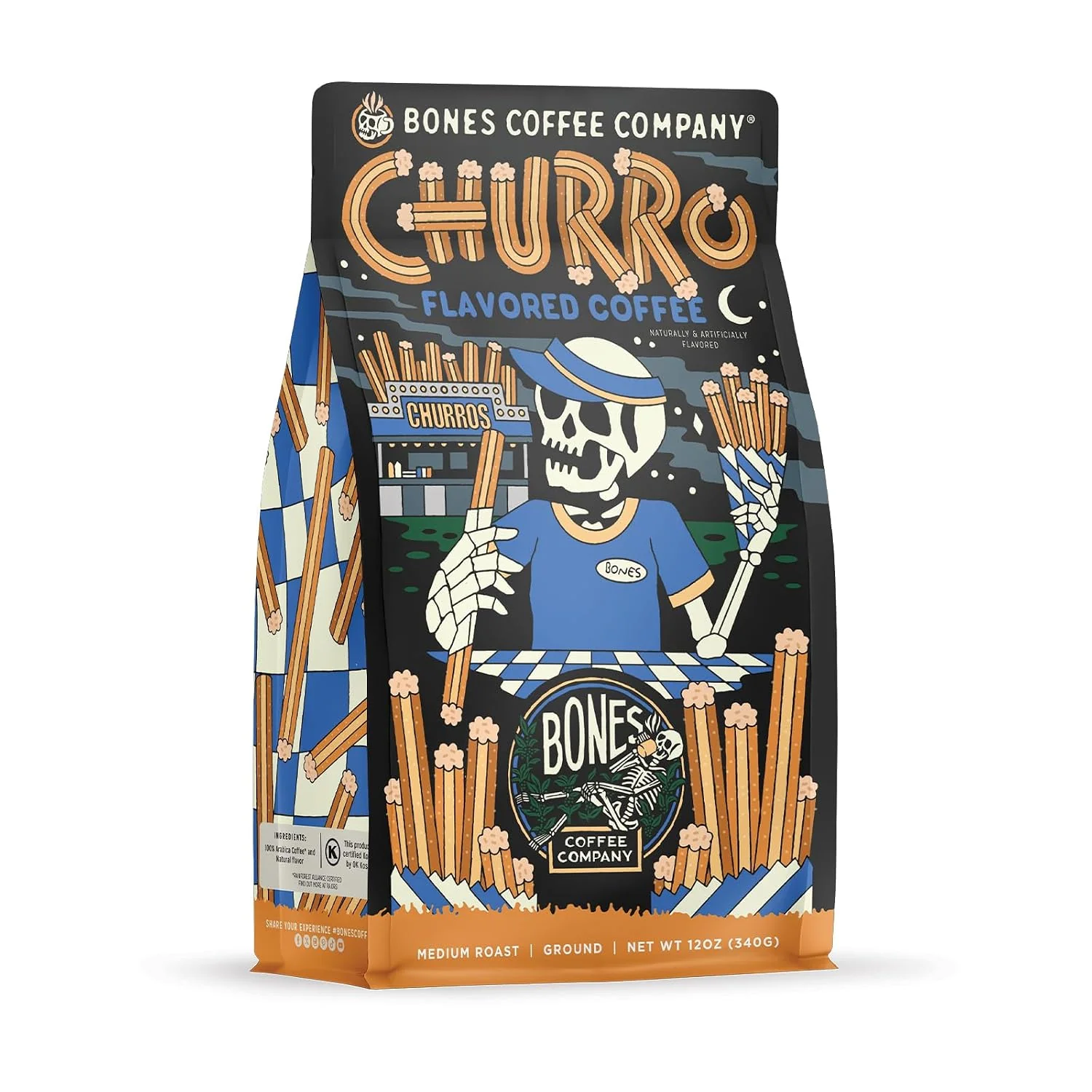 Unique Bones Coffee Company Churro Sweet Sugary Cinnamon Flavored Coffee Medium Roast Low Acid Arabica Beans Compatible with Auto drip and French Press Coffee Maker 12 Oz Ground Solid